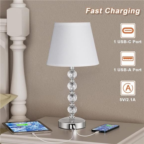 Bedside Lamps for bedrooms Set of 2 - Crystal Nightstand Bedroom Lamps with USB - Picture 3 of 6